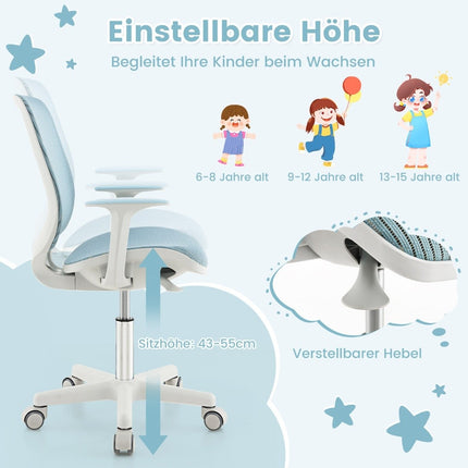 Výškově nastavitelná dětská otočná židle s brzdou sedáku, ergonomická židle k psacímu stolu, kancelářská židle, modrá