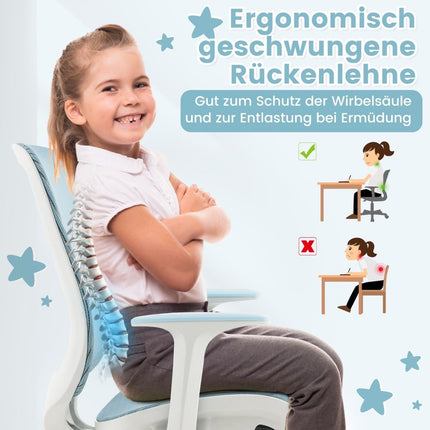 Výškově nastavitelná dětská otočná židle s brzdou sedáku, ergonomická židle k psacímu stolu, kancelářská židle, modrá