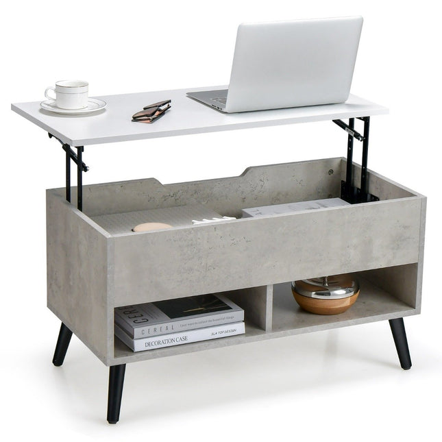 Height-adjustable coffee table with liftable table top & 2 open shelves, gray coffee table