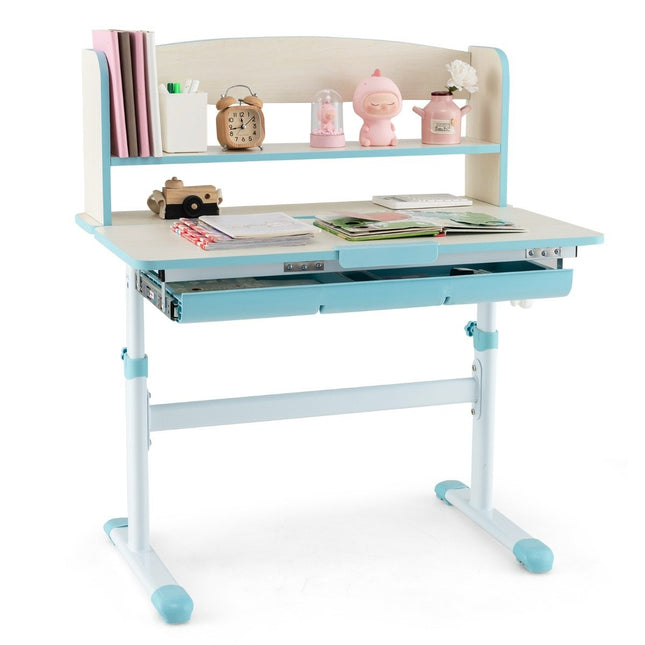In hoogte verstelbaar bureau met kantelbaar tafelblad & lade & plank Kinderbureautafel Blauw