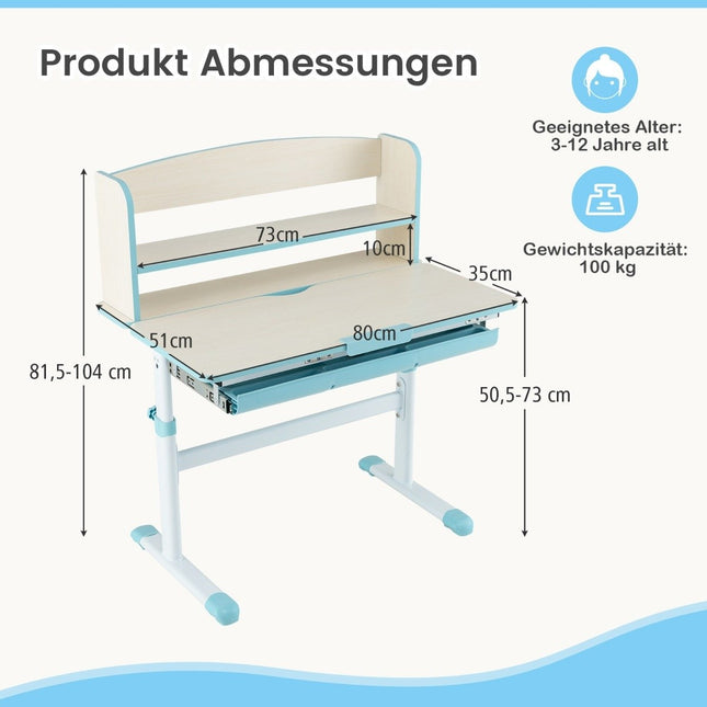 In hoogte verstelbaar bureau met kantelbaar tafelblad & lade & plank Kinderbureautafel Blauw