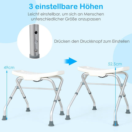 Height-adjustable shower stool with non-slip rubber feet, 150 kg load capacity, shower bench, white