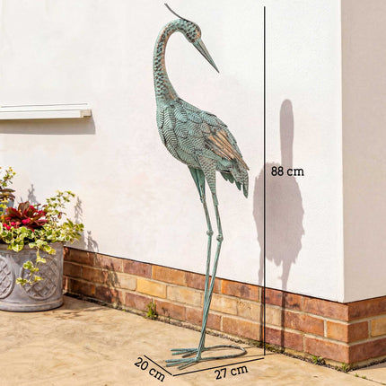 Zahradní socha volavky, kov, 88 cm, zelená/bronzová