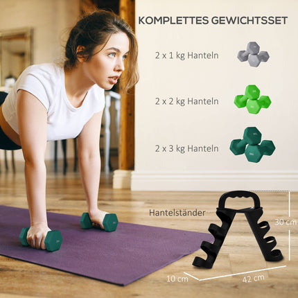 Sada hexagonálních činek se stojanem – páry 1kg, 2kg, 3kg