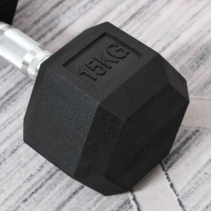 Hexagonální jednoruční činka 15 kg, vroubkovaná rukojeť, litina