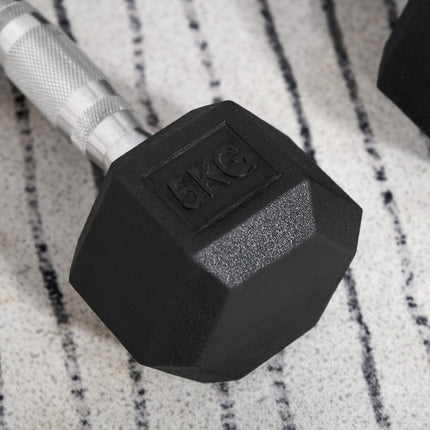 Pár hexagonálních činek, 5 kg každá, pogumovaná litina