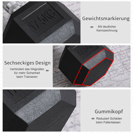 Hexagonální pogumované činky 17.5 kg, černá litina, pro silový trénink