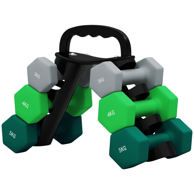 Sada hexagonálních činek se stojanem – závaží 3, 4, 5 kg pro domácí posilovnu