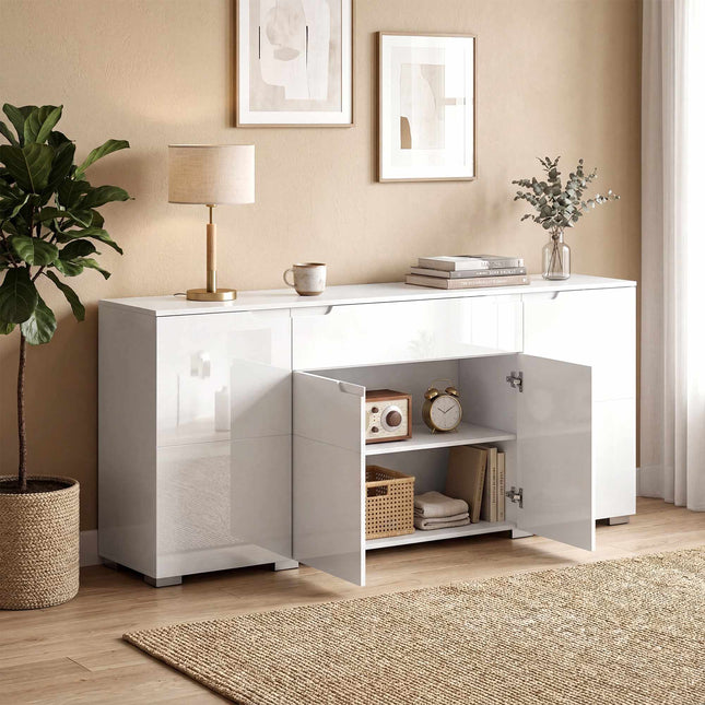 Hoogglans wit dressoir, 4 deuren, verstelbare planken