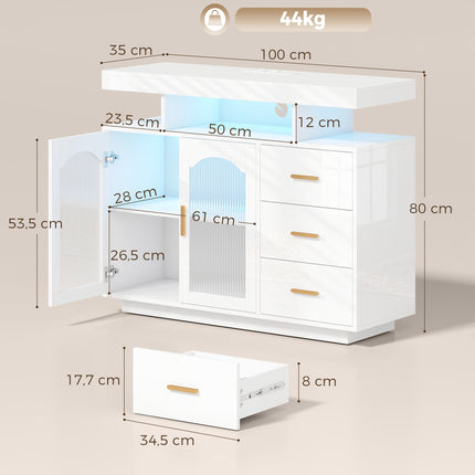 High Gloss White Sideboard With LED, Outlets, 3 Drawers