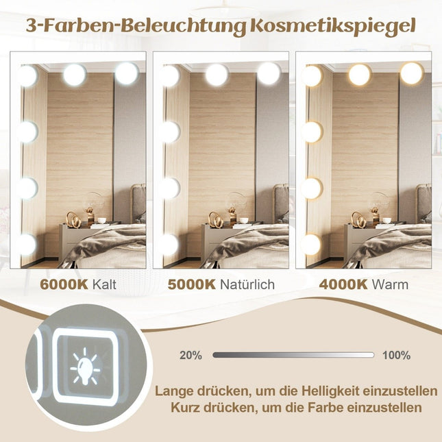 Hollywoodské zrcadlo s osvětlením, USB nabíjecím portem a Bluetooth reproduktorem, kosmetické zrcadlo do ložnice, 58 x 46 cm, bílá