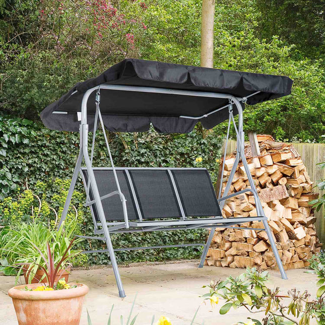 3-seat garden swing with roof - metal frame, black/silver