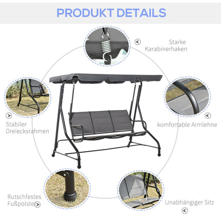 Třímístná zahradní houpačka s nastavitelnou stříškou, šedá ocel