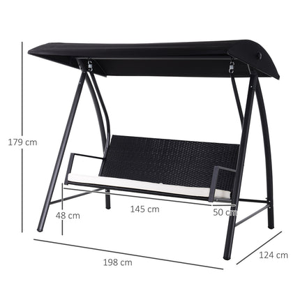 3-seat garden swing with roof, poly rattan, black