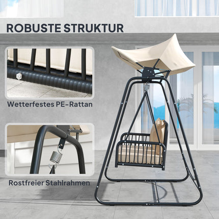 Ratanová zahradní houpačka pro 2 osoby se stříškou – khaki
