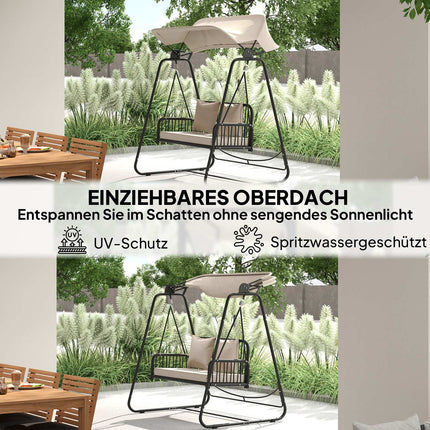 Ratanová zahradní houpačka pro 2 osoby se stříškou – khaki
