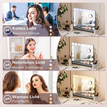 Hollywoodské kosmetické zrcadlo s osvětlením, 15 LED, černá, 3 režimy