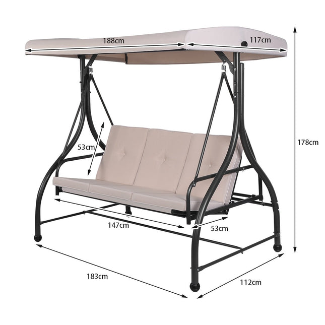 Hollywood swing with reclining function, 3-seater garden swing 183 x 112 x 178 cm beige
