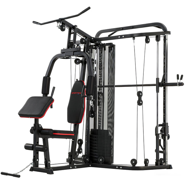 Domácí posilovací věž s 65kg závažím, kladkou a bicepsovou lavicí
