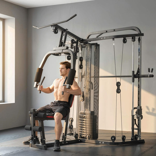 Domácí posilovací věž s 65kg závažím, kladkou a bicepsovou lavicí