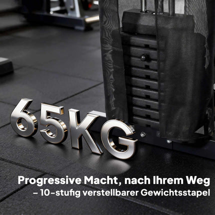 Domácí posilovací věž s leg pressem, nastavitelným sedákem, 65kg závaží