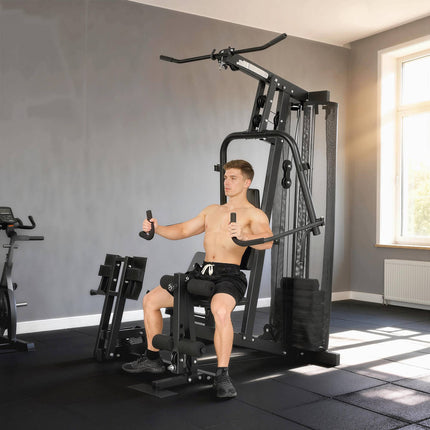 Domácí posilovací věž s leg pressem, nastavitelným sedákem, 65kg závaží
