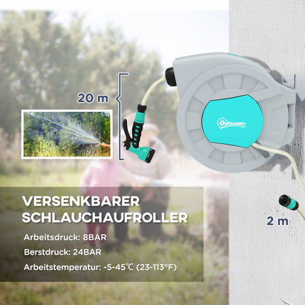 Naviják zahradní hadice 20m, nástěnný, automatické navíjení, 7funkční sprcha