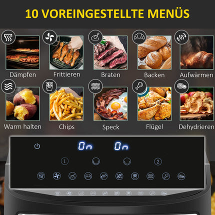 Horkovzdušná fritéza 8L se dvěma komorami, 10 programů, bez oleje, černá