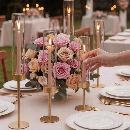 Hurricane Candle Holders Set of 18, Gold Stand, Glass