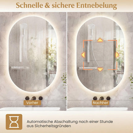 Illuminated Wall Mirror, 3-Color Dimmable, Anti-Fog, 80x50 cm