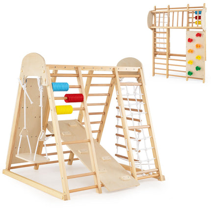 Indoor Jungle Gym for Kids, 8-in-1 Foldable, Solid Wood