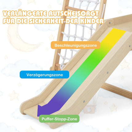 Vnitřní dřevěná lezecká sestava se skluzavkou, žebříkem a sítí