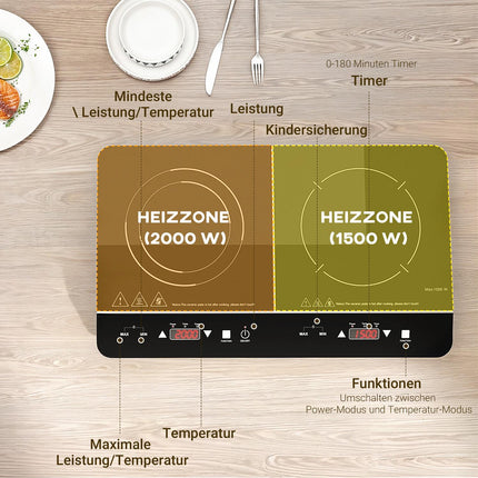 Přenosná dvouplotýnková indukční varná deska, 8 stupňů výkonu, 3500W