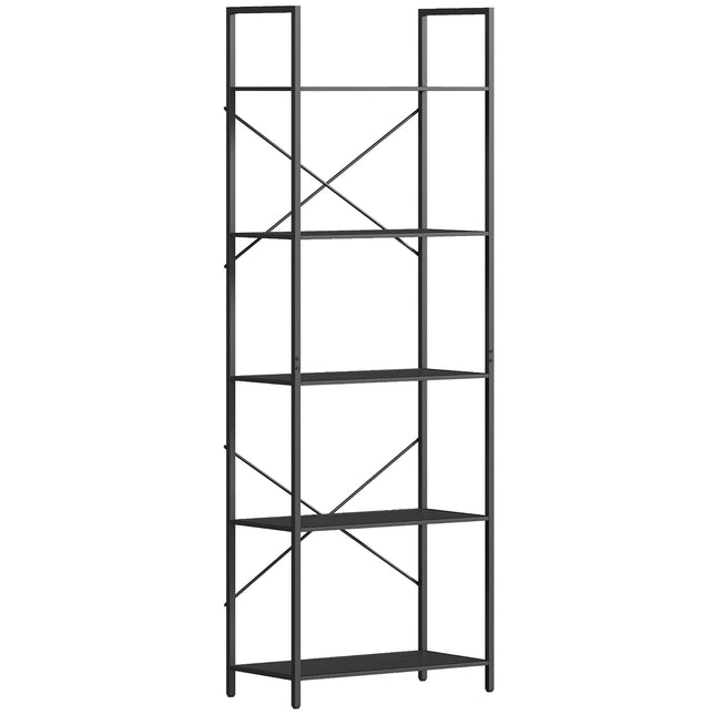 Industriële metalen boekenplank met 5 niveaus, 60x30x170,5 cm, zwart