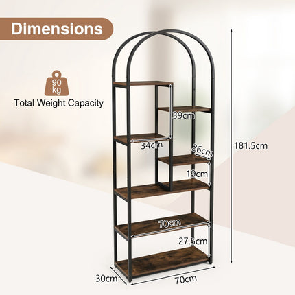 Industrial Arched Bookcase, 7 Open Shelves, Rustic Brown