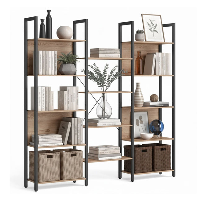 Industriële boekenkast, 14 planken, vintage houtafwerking