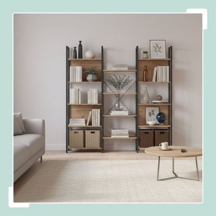 Industrial Bookshelf, 14-Tier, Vintage Wood Finish