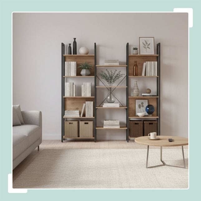 Industriële boekenkast, 14 planken, vintage houtafwerking