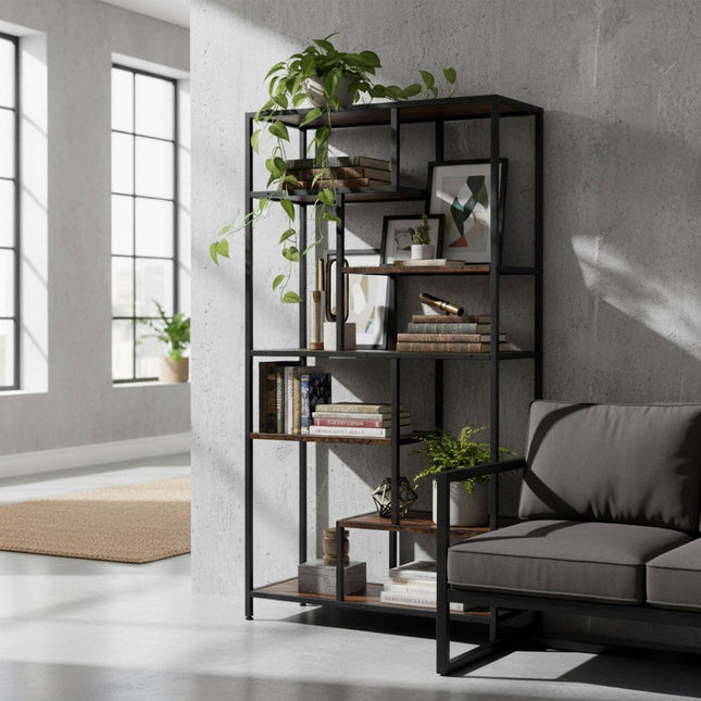 Industriële boekenkast, 6 planken, zwart frame, houtafwerking