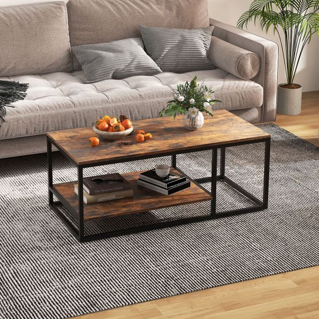 Industriální konferenční stolek, 2patrový, 105 cm, rustikální hnědá