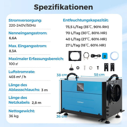 Průmyslový odvlhčovač, 73.5L/den, 3 režimy, časovač