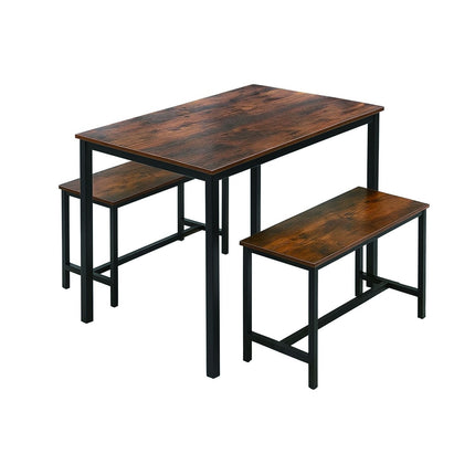 Industrial Dining Table Set, 2 Benches, Space-Saving