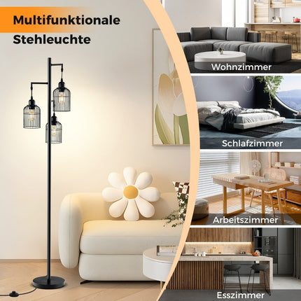 Industriální stojací lampa, 3 stínidla, nožní vypínač, černá, 169 cm