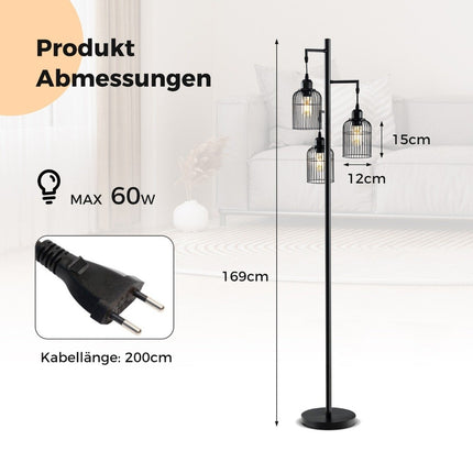 Industriální stojací lampa, 3 stínidla, nožní vypínač, černá, 169 cm