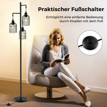 Industriální stojací lampa, 3 stínidla, nožní vypínač, černá, 169 cm
