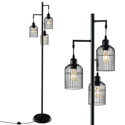 Industriální stojací lampa, 3 stínidla, nožní vypínač, černá, 169 cm