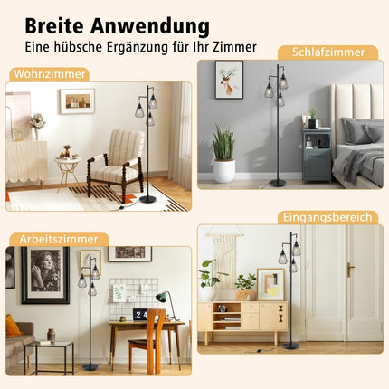 Industriální stojací lampa se 3 klecovými stínidly, 169 cm, černá