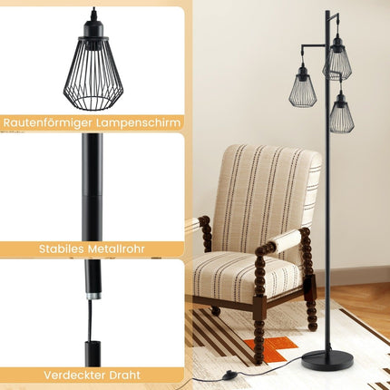 Industriální stojací lampa se 3 klecovými stínidly, 169 cm, černá