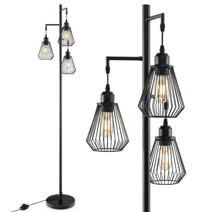 Industriální stojací lampa se 3 klecovými stínidly, 169 cm, černá