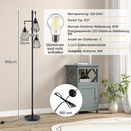 Industriální stojací lampa se 3 klecovými stínidly, 169 cm, černá